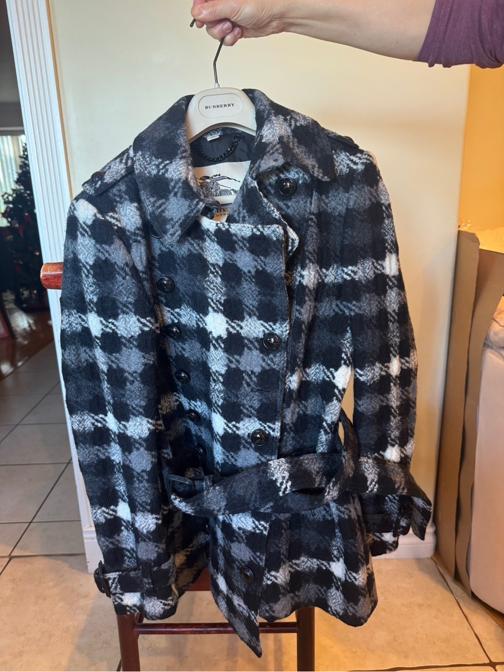 Burberry Black & White Plaid Double-Breasted Wool Coat with Waist Belt